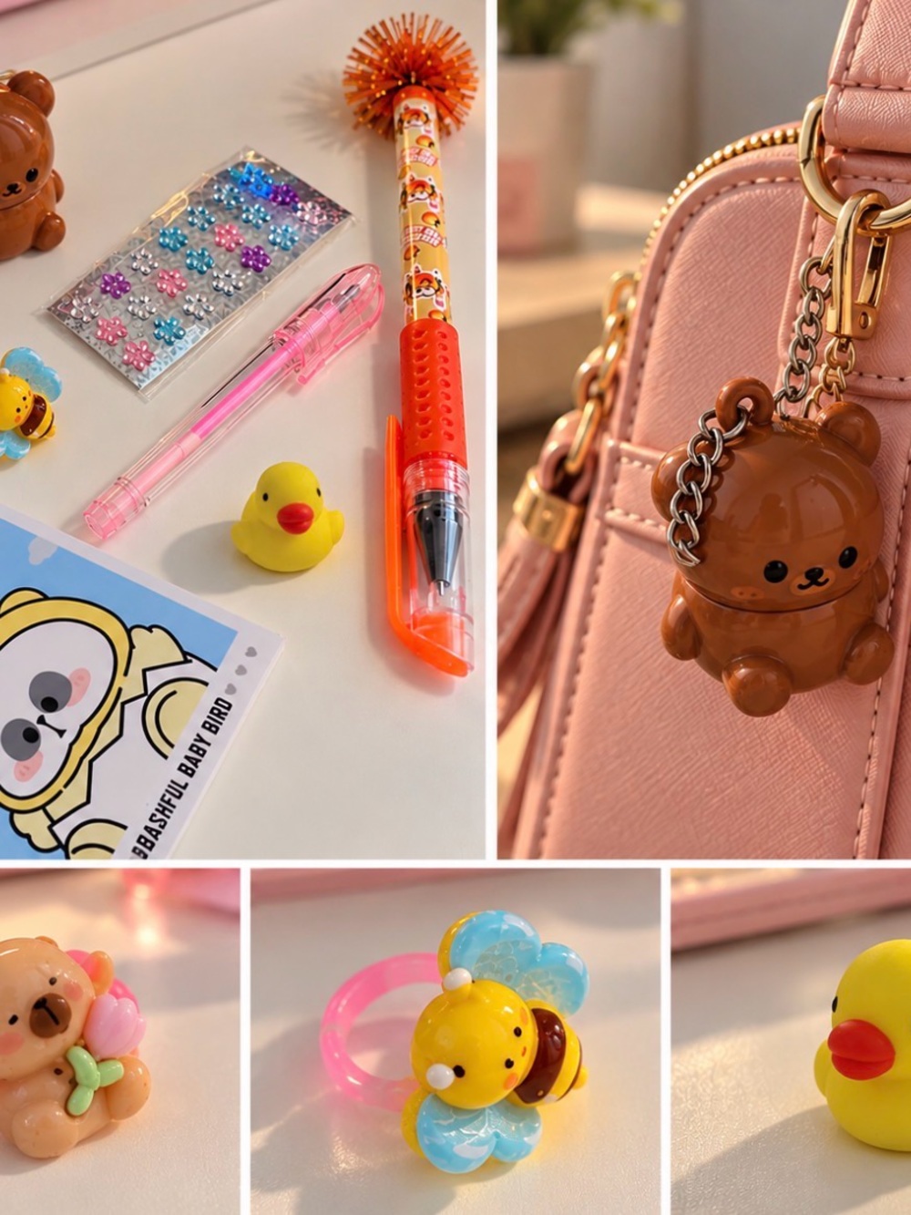 Cute Brown Bear Keychain Charm with Pink Accents - Unbranded